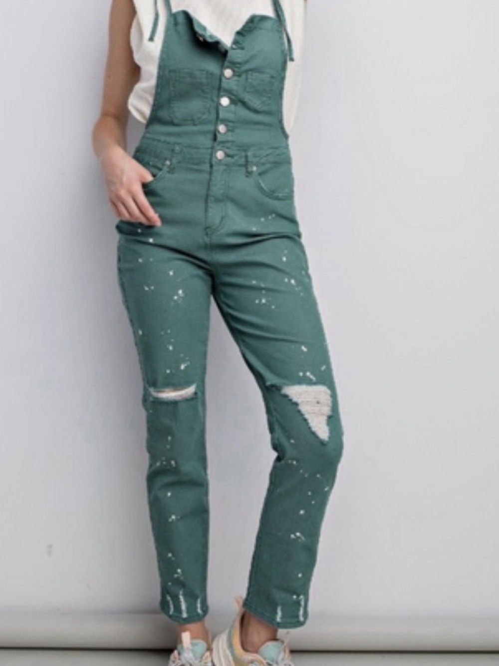 Easel Green Distressed Paint Splatter Denim Overalls NWT
